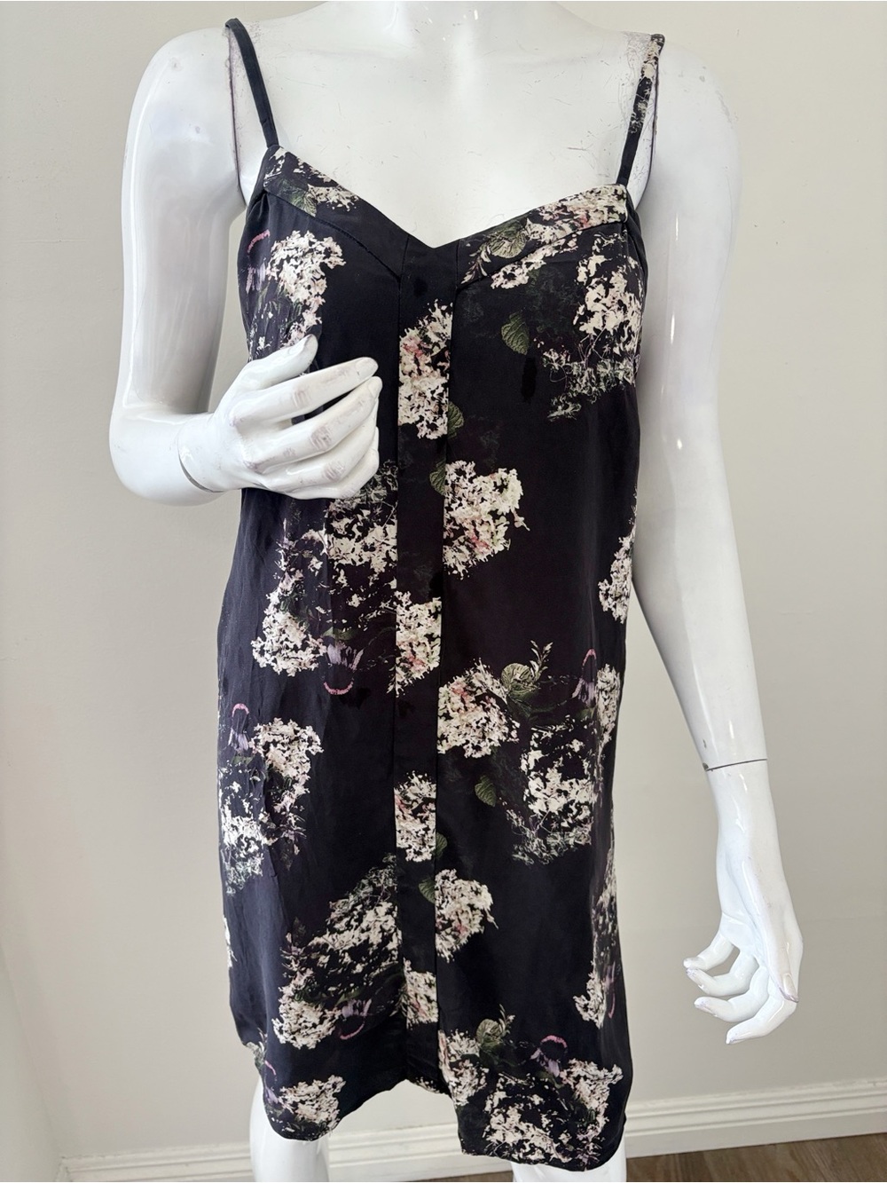Kit and Ace Black Floral Print Silk Mini Slip Dress Chemise Dark Cottagecore